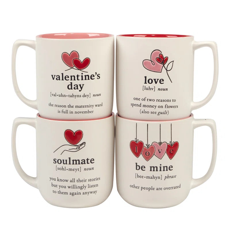 Valentine's Day Set of 4 Mugs – Fun & Playful Stoneware Mugs for Valentine's Celebrations