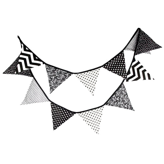 Black & White Cotton Party Pennant Bunting Banner | 12 Flags, 3.2M Wedding & Event Decor