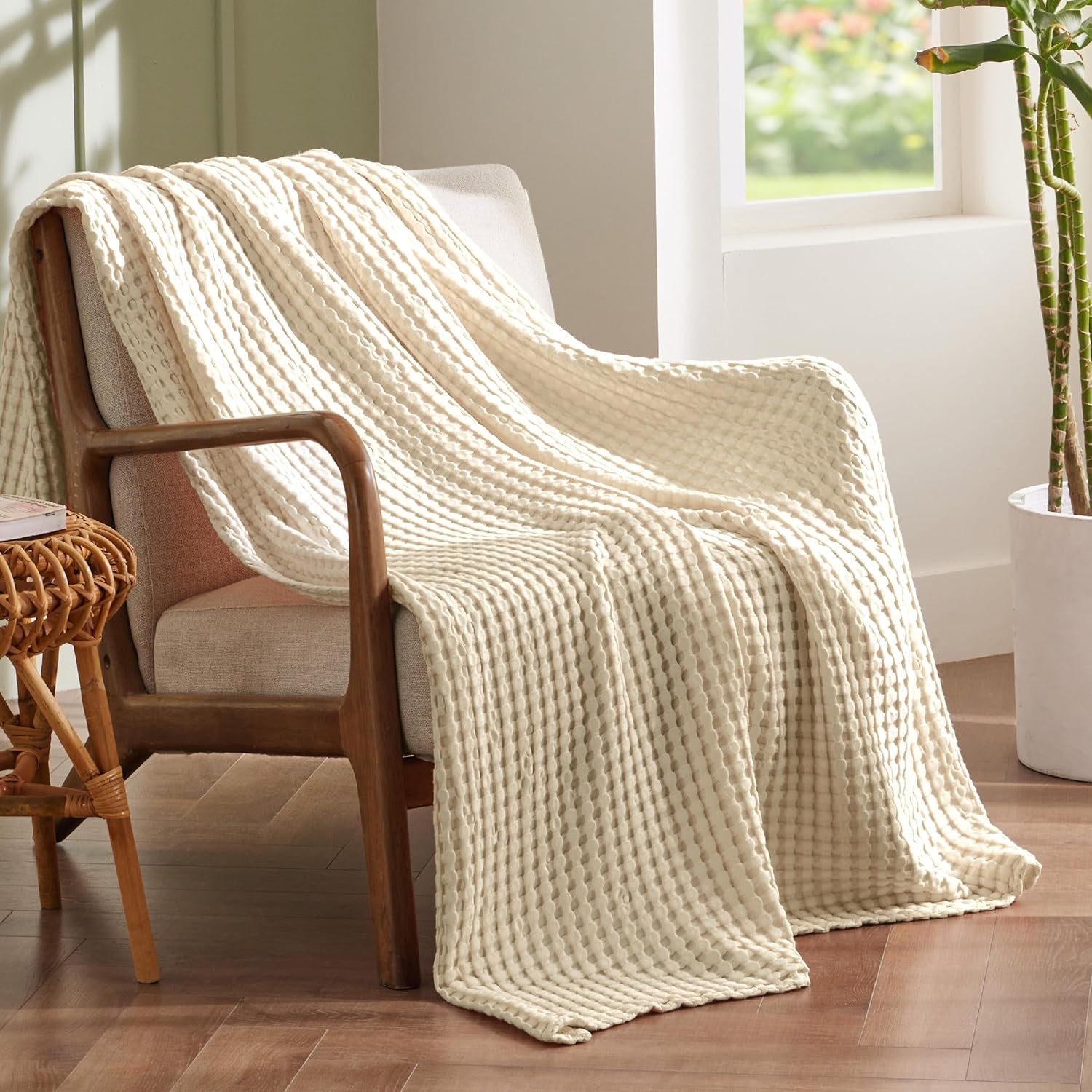 Cooling Cotton Waffle Weave Blanket - Lightweight Breathable Blanket of Rayon Derived from Bamboo for Hot Sleepers, Luxury Throws for Bed, Couch and Sofa, Beige, 50X70 Inches