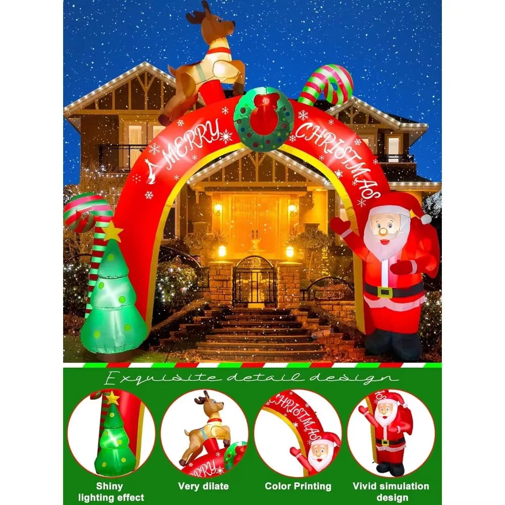 10FT Christmas Inflatable Decoration with Built-In LEDs - Santa Claus, Reindeer, and Christmas Tree Inflatable Archway for Yard Parties