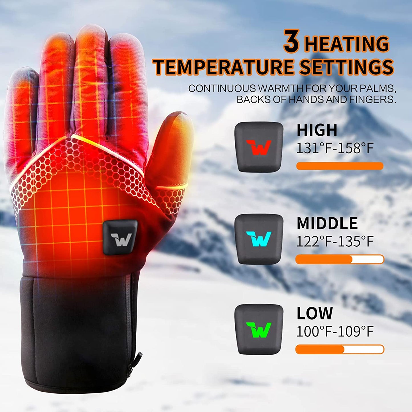 Electric Heated Gloves for Men with 3 Heating Levels, Touchscreen Waterproof Gloves for Skiing & Snowboarding