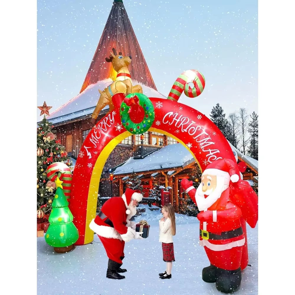 10FT Christmas Inflatable Decoration with Built-In LEDs - Santa Claus, Reindeer, and Christmas Tree Inflatable Archway for Yard Parties