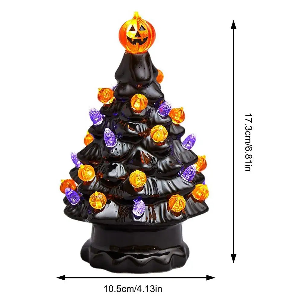 Halloween LED Tree Table Centerpiece | Ceramic Pumpkin Lighted Halloween Decor | Festive Party Decorations