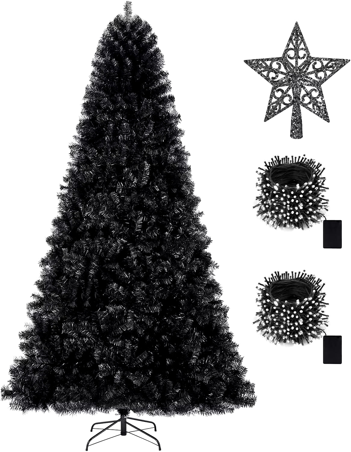 7.5Ft Black Christmas Tree, 1,450 Tips, Treetop Star, 300 LED String Lights, Pencil Christmas Tree for Holiday Decorations