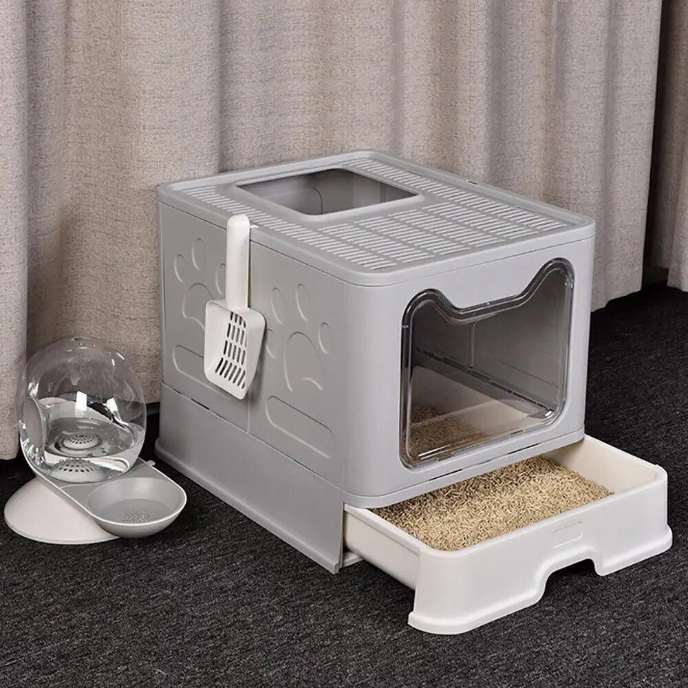 XXL Large Foldable Cat Litter Box with Front Entry & Top Exit – Space-Saving Design with Tray