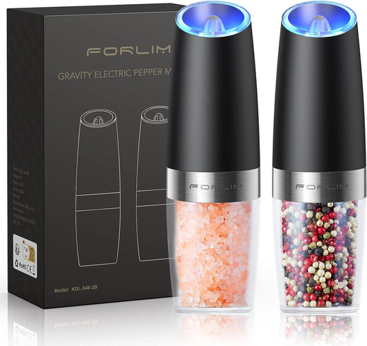 Gravity Electric Salt and Pepper Grinder Set, Automatic Pepper Grinder Shakers Mill, Upgraded Batteries Powered Adjustable Coarseness with LED, One Hand Operation Perfect for Kitchen(Black)