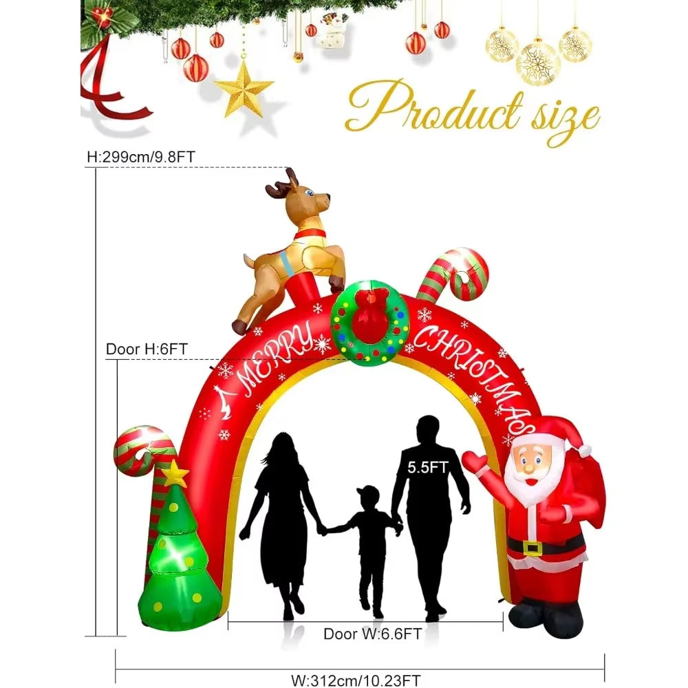 10FT Christmas Inflatable Decoration with Built-In LEDs - Santa Claus, Reindeer, and Christmas Tree Inflatable Archway for Yard Parties