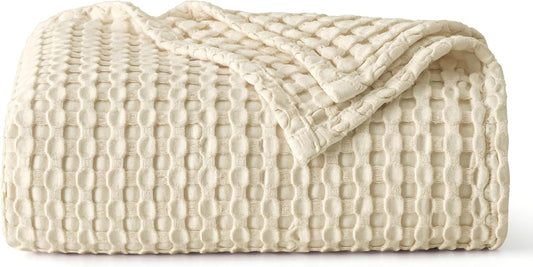 Cooling Cotton Waffle Weave Blanket - Lightweight Breathable Blanket of Rayon Derived from Bamboo for Hot Sleepers, Luxury Throws for Bed, Couch and Sofa, Beige, 50X70 Inches