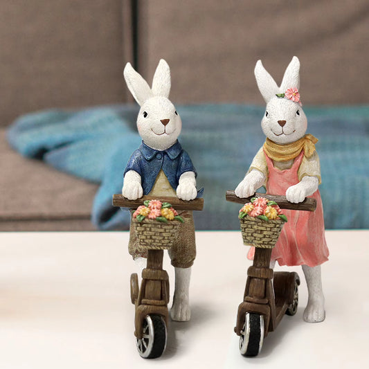 Easter Bunny Scooter Figurine - Retro Rabbit Couple Resin Craft, Rustic Spring Decoration for Tabletop, Safe and Durable