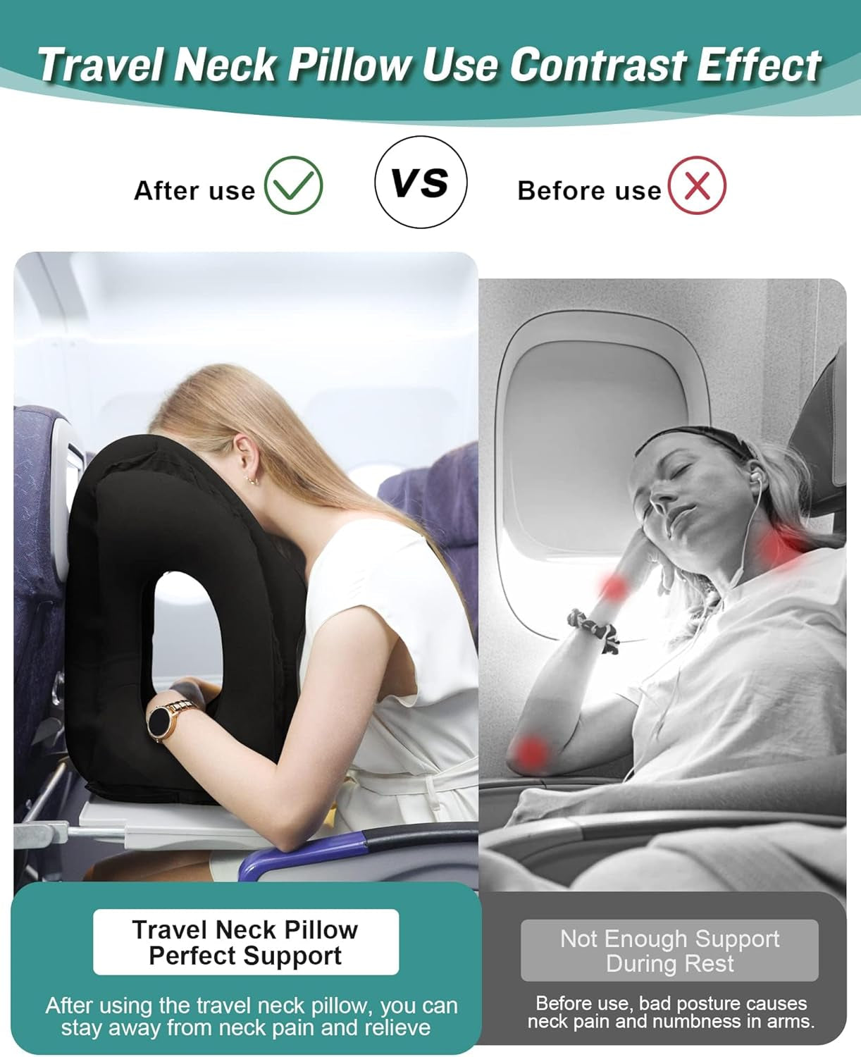 Inflatable Travel Neck Pillow with Eye Mask & Earplugs – Ideal for Airplanes, Cars, Buses, Trains, Office Naps