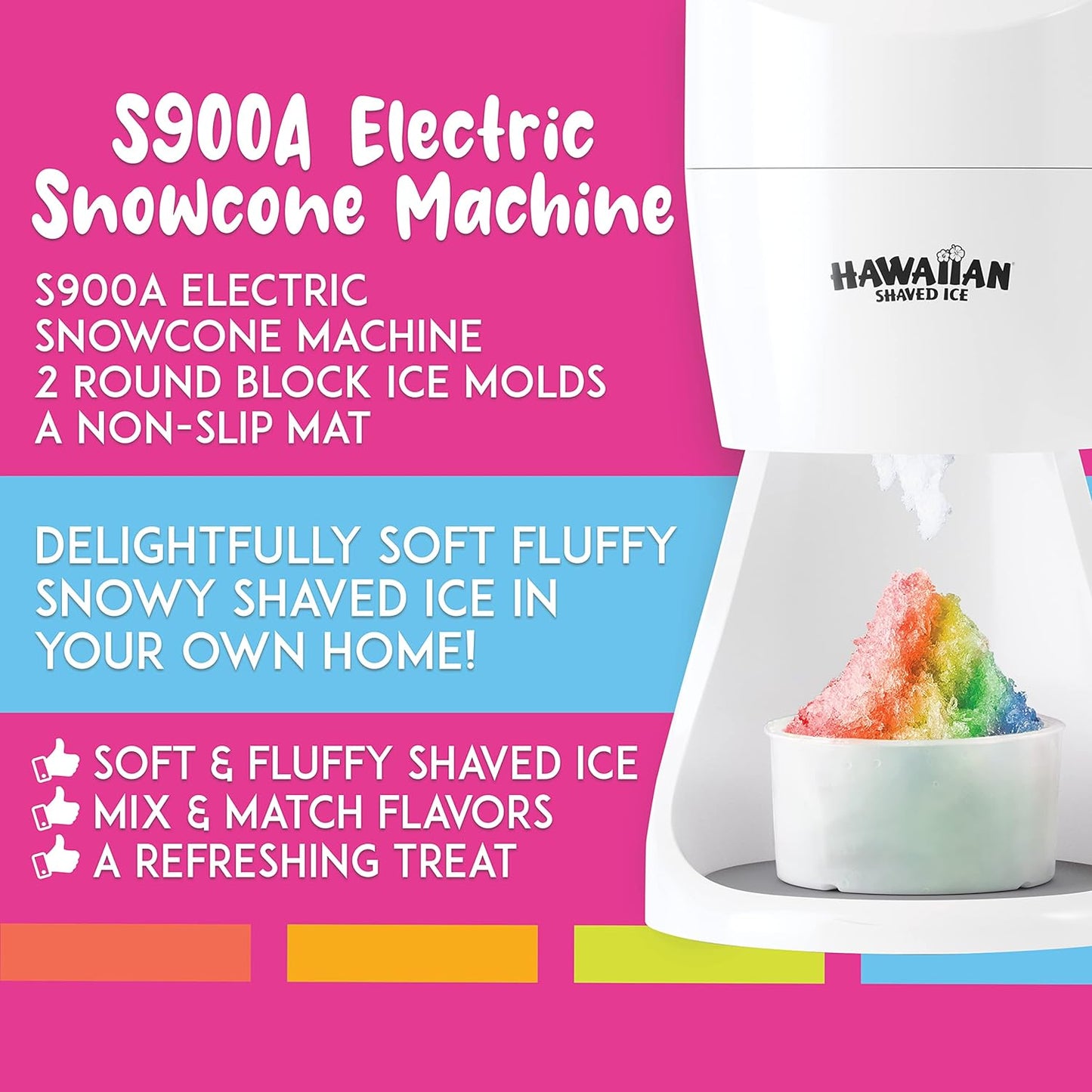 S900A Snow Cone and Shaved Ice Machine with 2 Reusable Plastic Ice Mold Cups, Non-Slip Mat, Instruction Manual, 1-Year Manufacturer’S Warranty, 120V, White