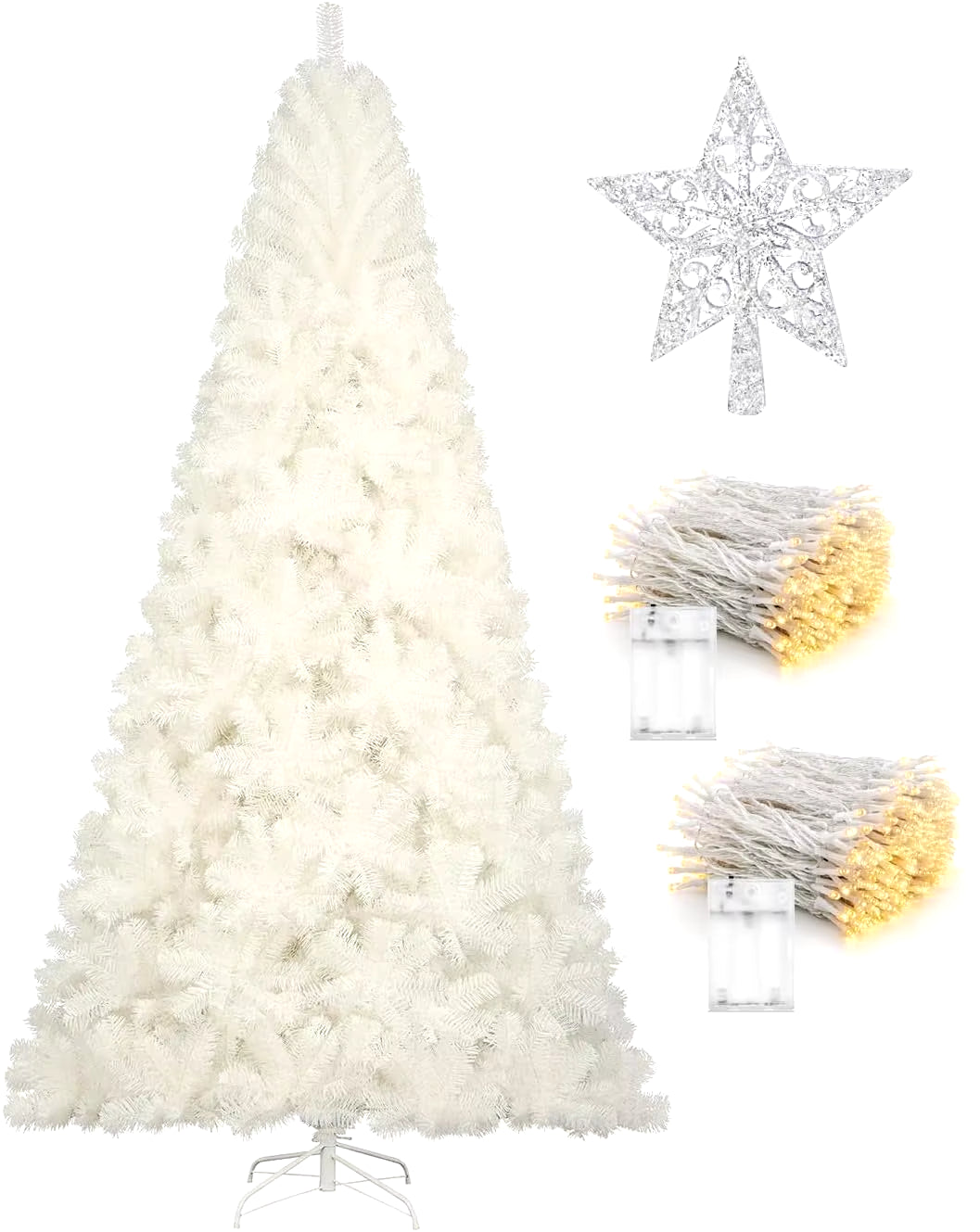 7.5Ft Black Christmas Tree, 1,450 Tips, Treetop Star, 300 LED String Lights, Pencil Christmas Tree for Holiday Decorations