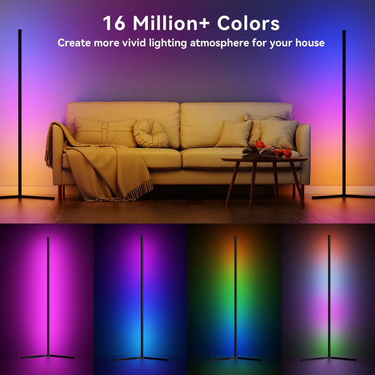 LED Corner Floor Lamp, Smart RGB Lamp with App & Remote Control, 16 Million Colors, Music Sync, Modern LED Light for Bedroom, Living Room, and Gaming Room with Timing & Schedule