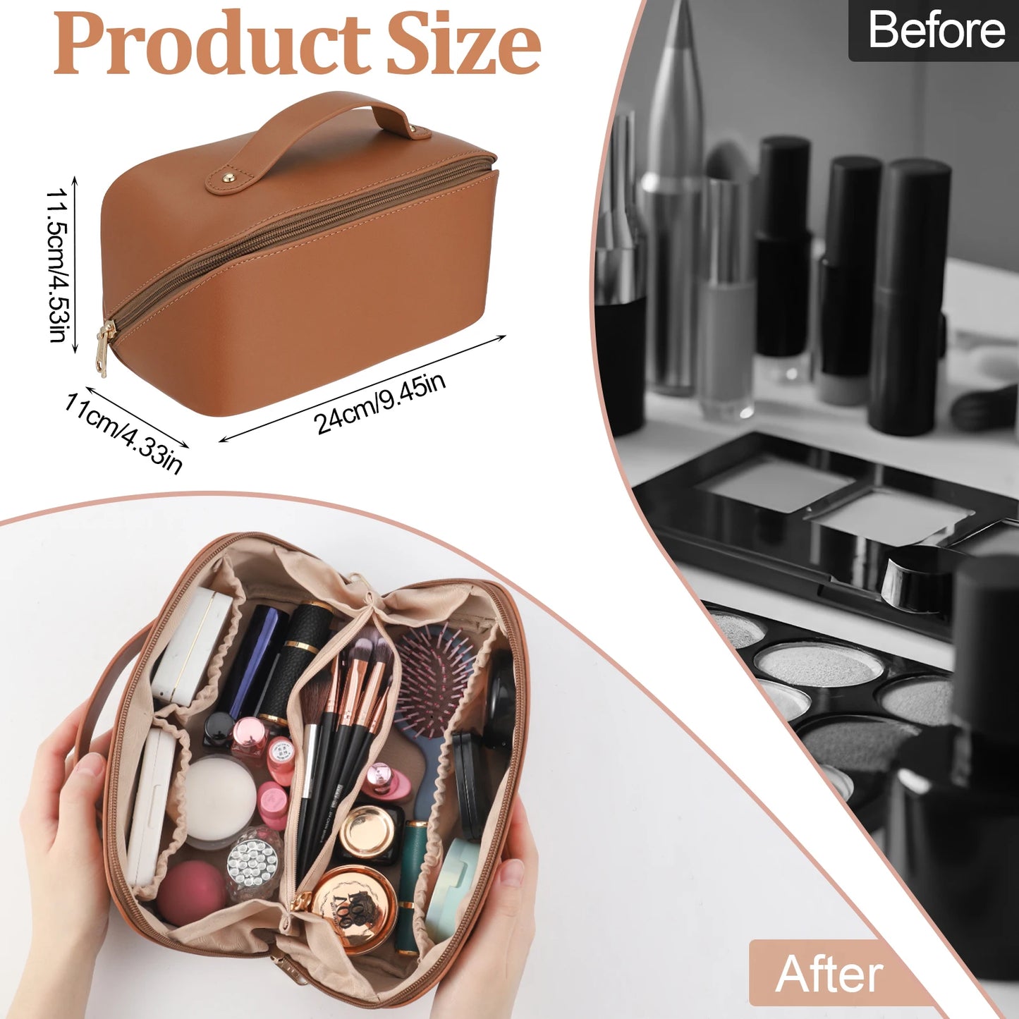 Portable Travel Makeup Bag with Divider & Handle | PU Leather Waterproof Toiletry Bag | Large Capacity Cosmetic Bag for Women