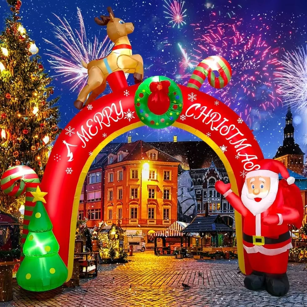 10FT Christmas Inflatable Decoration with Built-In LEDs - Santa Claus, Reindeer, and Christmas Tree Inflatable Archway for Yard Parties