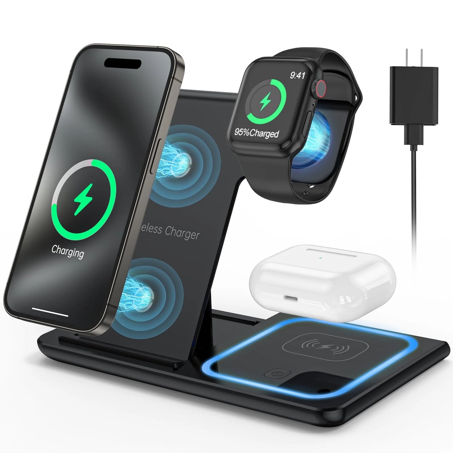 3-in-1 Wireless Charger, 18W Fast Charging Station for iPhone 16/15/14/13/12/11 Pro Max, Apple Watch SE/10/9/8/7/6/5, AirPods Pro/3/2 (with QC3.0 Adapter)