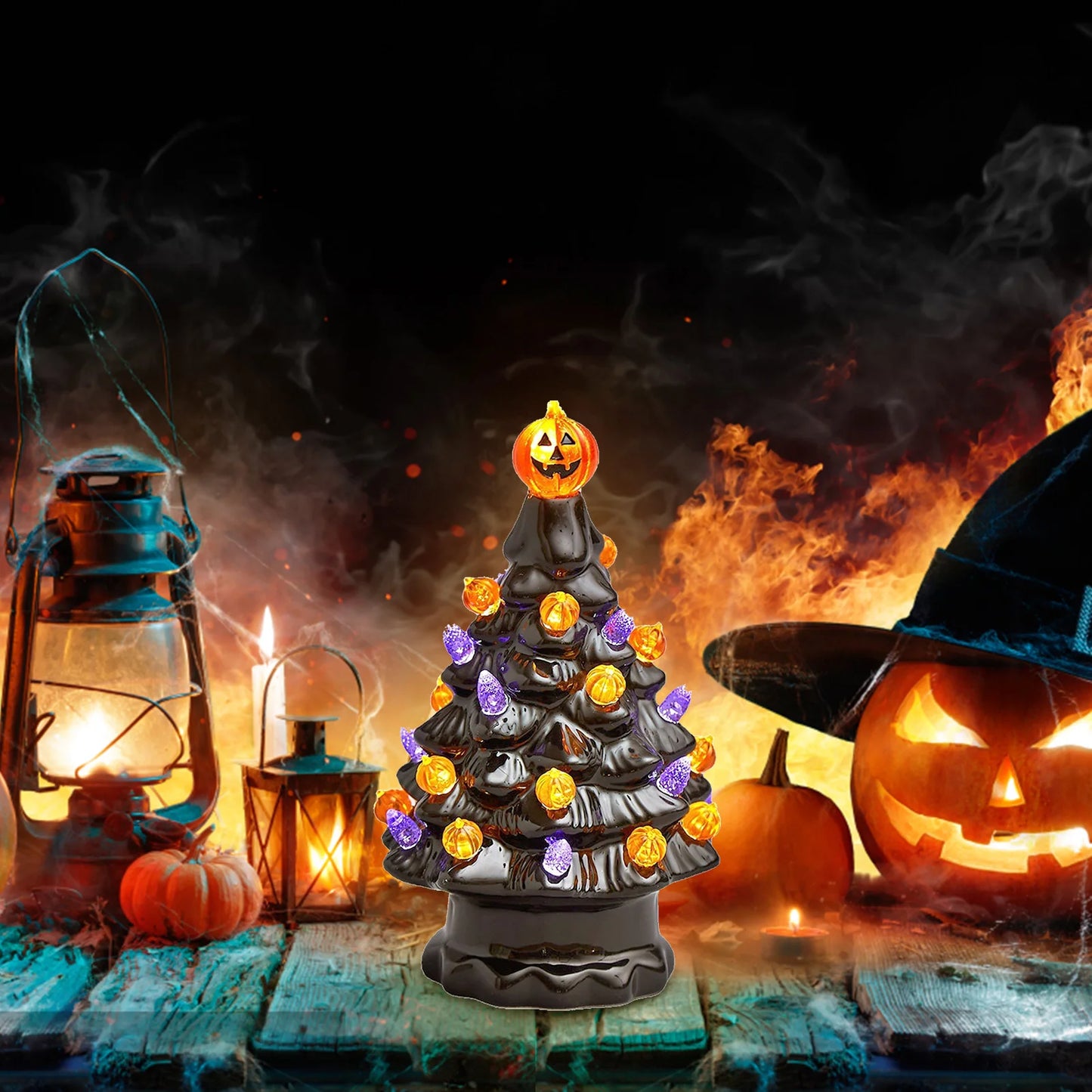 Halloween LED Tree Table Centerpiece | Ceramic Pumpkin Lighted Halloween Decor | Festive Party Decorations