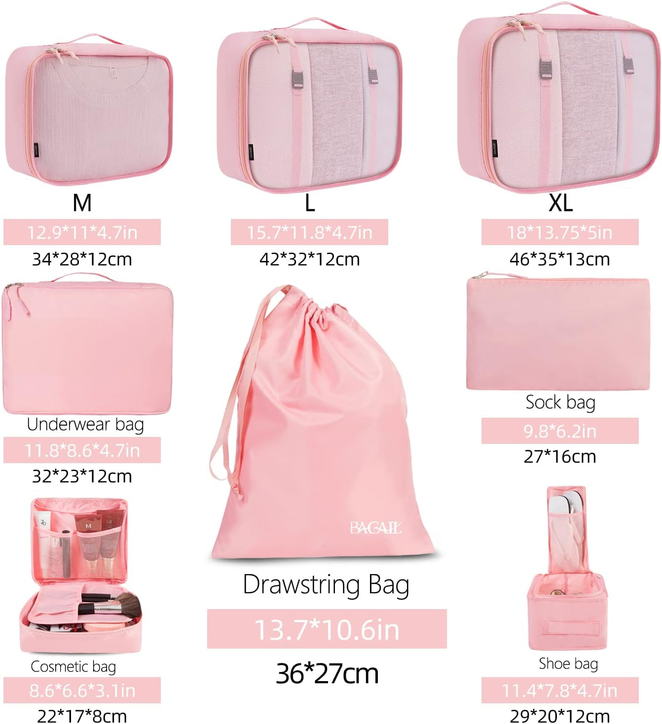 8 Set Packing Cubes Luggage Packing Organizers for Travel Accessories (Blush Pink)