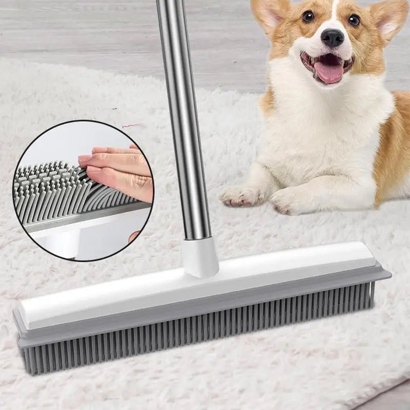 Pet Hair Rubber Broom Floor Brush with Built-in Squeegee – Dog Hair Remover for Carpet and All Surfaces