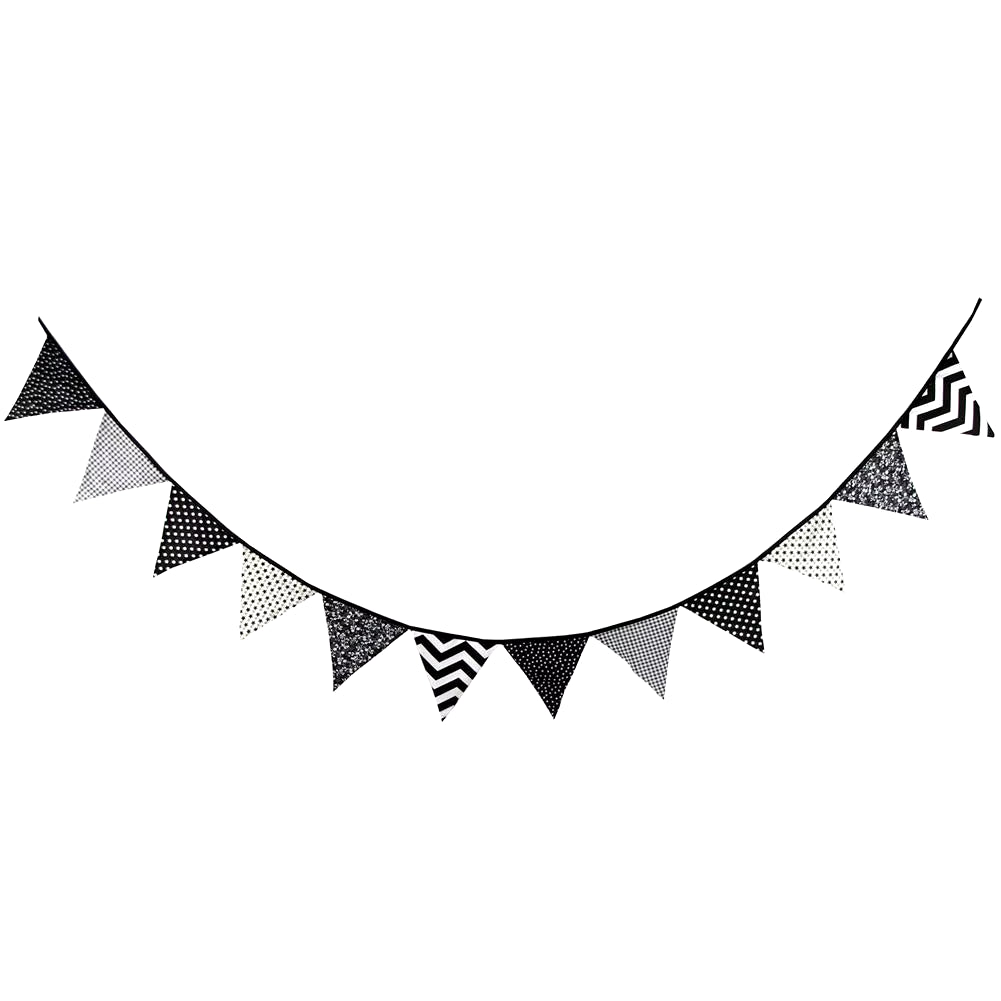 Black & White Cotton Party Pennant Bunting Banner | 12 Flags, 3.2M Wedding & Event Decor