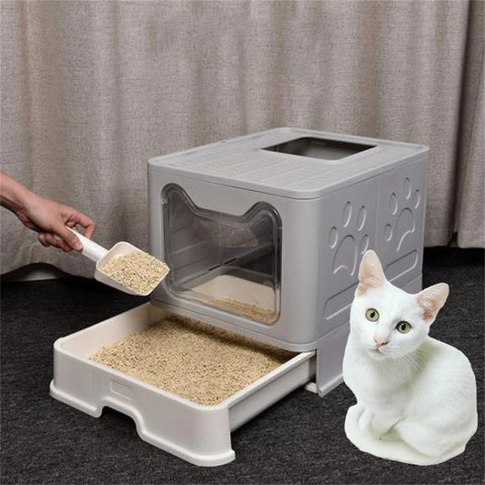 XXL Large Foldable Cat Litter Box with Front Entry & Top Exit – Space-Saving Design with Tray