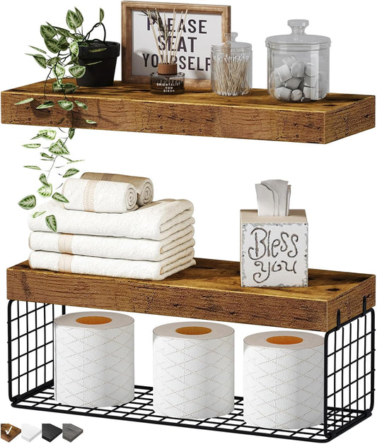 Bathroom Shelves over Toilet Wall Mounted Floating Shelves Farmhouse Shelf Toilet Paper Storage Small 16 Inch Set of 2, Rustic Brown (019-BN2)