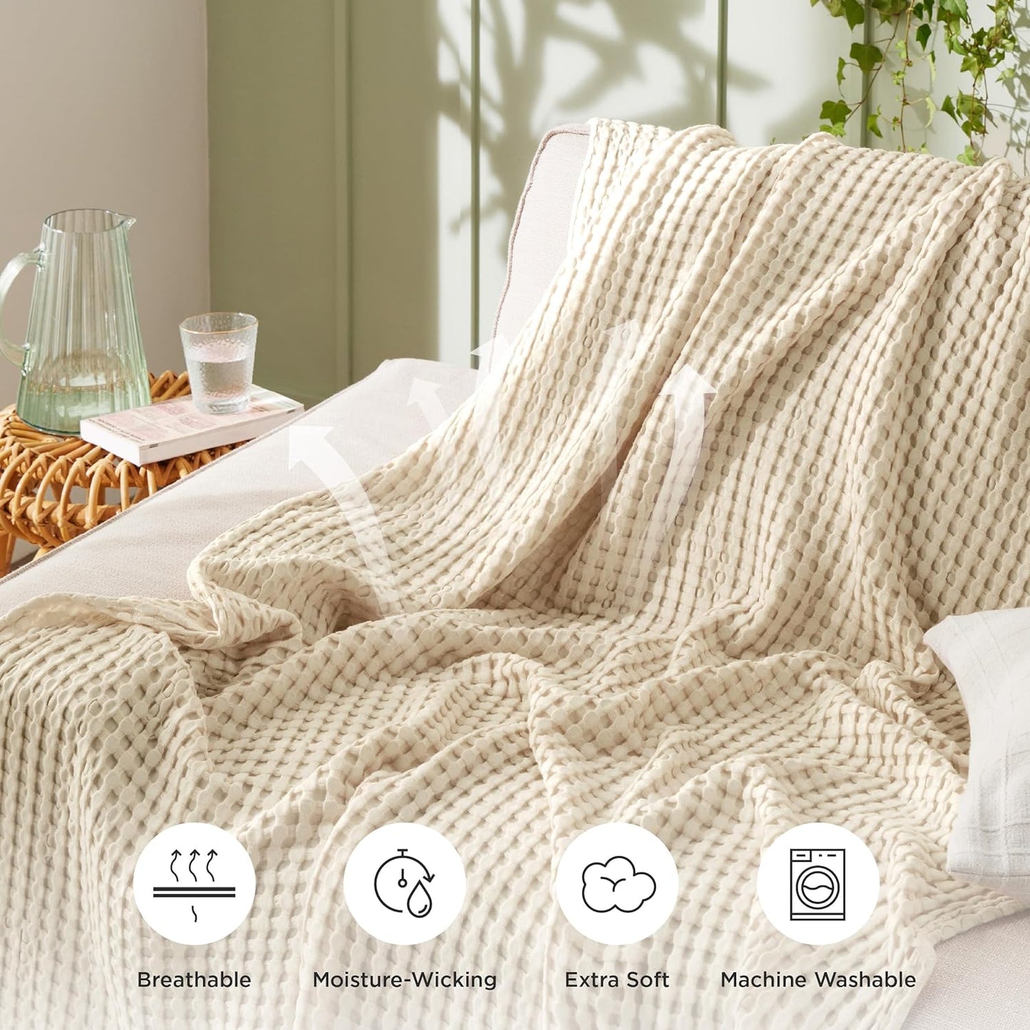 Cooling Cotton Waffle Weave Blanket - Lightweight Breathable Blanket of Rayon Derived from Bamboo for Hot Sleepers, Luxury Throws for Bed, Couch and Sofa, Beige, 50X70 Inches