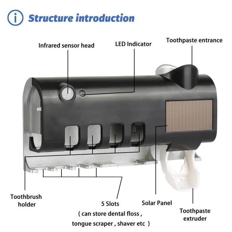 Wall-Mounted Toothbrush Holder | Solar-Powered UV Light Sterilizer & Automatic Toothpaste Dispenser | Bathroom Accessory