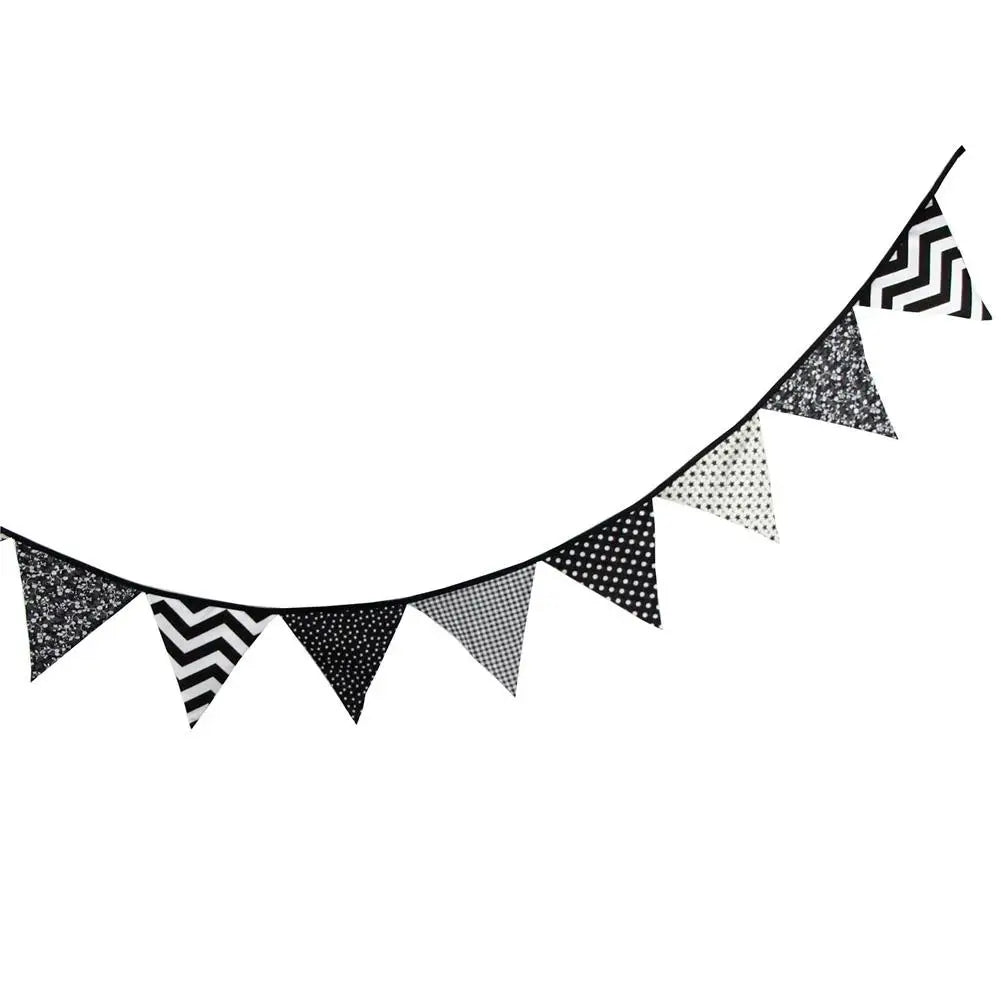 Black & White Cotton Party Pennant Bunting Banner | 12 Flags, 3.2M Wedding & Event Decor