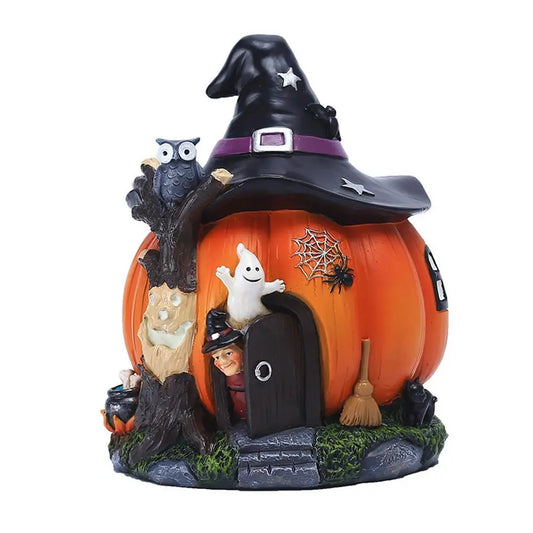 Luminous Pumpkin House Statue – Halloween Witch Pumpkin House Ornament, Glowing Resin Halloween Decor for Home & Crafts