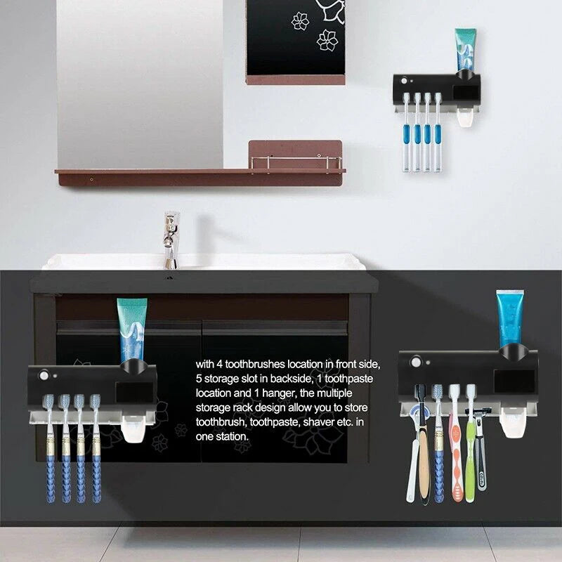 Wall-Mounted Toothbrush Holder | Solar-Powered UV Light Sterilizer & Automatic Toothpaste Dispenser | Bathroom Accessory