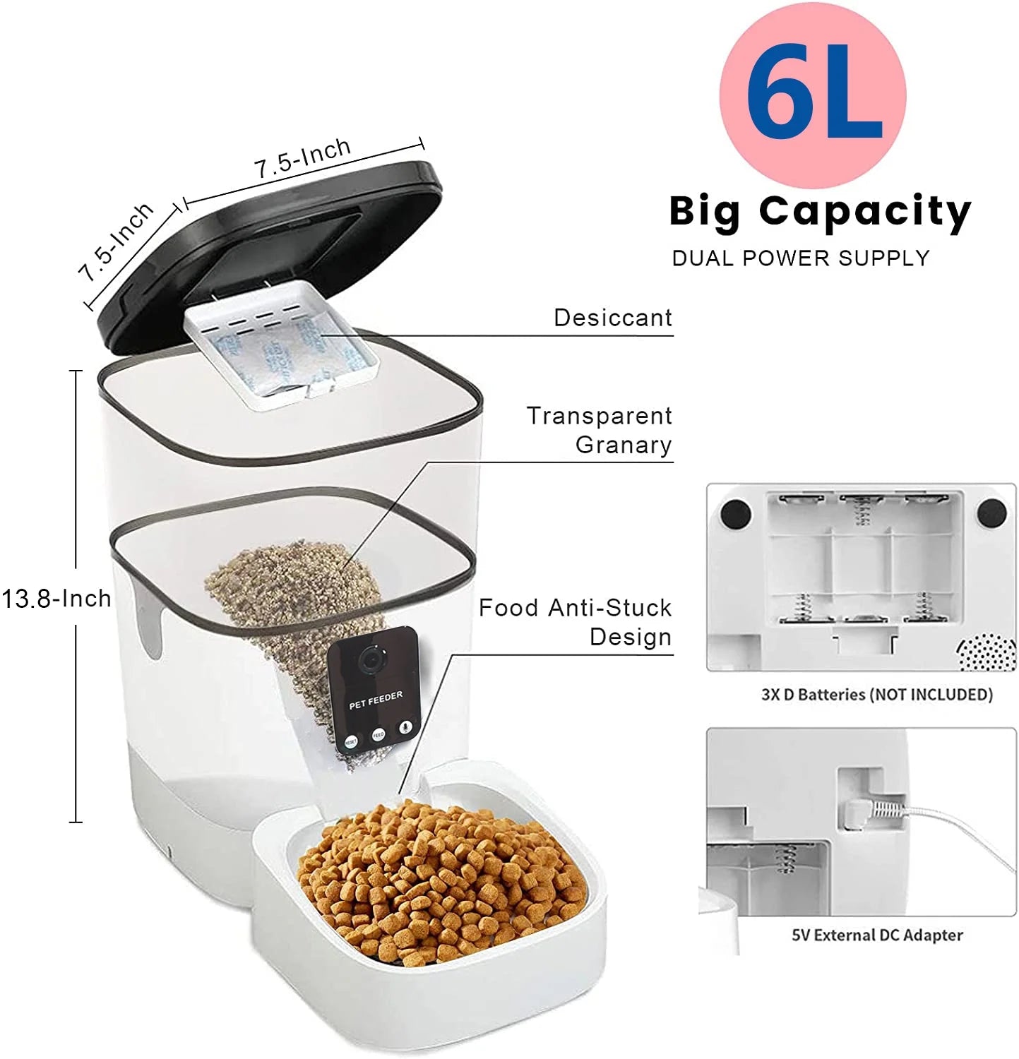 6L Automatic Pet Feeder for Cats & Dogs with 1080P Camera, App Control, Voice Recorder, Timed Feeder, Dual Power Supply, WiFi Food Dispenser