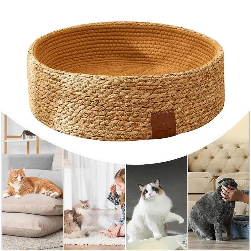 PE Rattan Woven Cat Bed Lounger Wicker Dog Bed Cat Scratching Board Cozy Kitten Nest Pet Furniture for Cat Scratching Rabbits