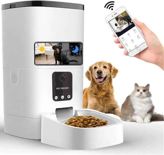 6L Automatic Pet Feeder for Cats & Dogs with 1080P Camera, App Control, Voice Recorder, Timed Feeder, Dual Power Supply, WiFi Food Dispenser