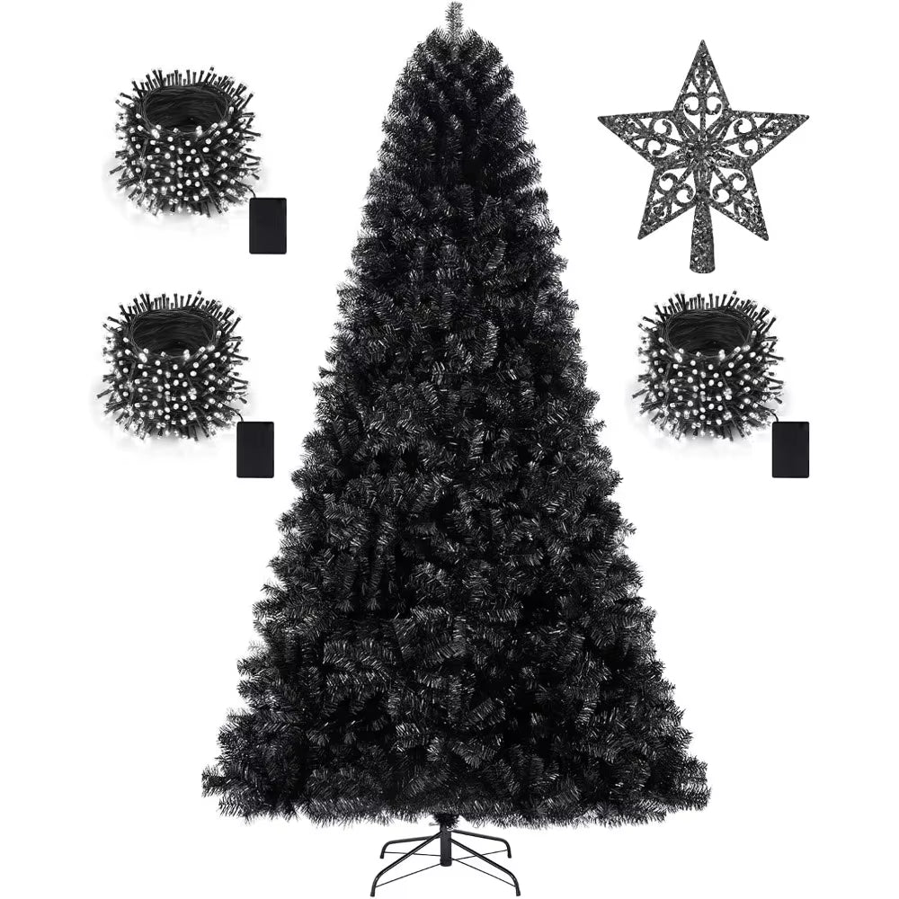 7.5Ft Black Christmas Tree, 1,450 Tips, Treetop Star, 300 LED String Lights, Pencil Christmas Tree for Holiday Decorations