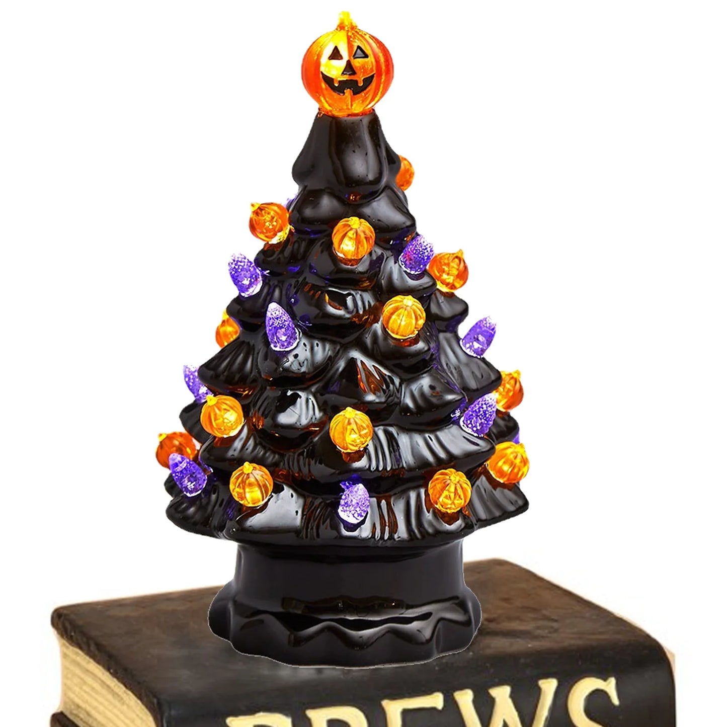 Halloween LED Tree Table Centerpiece | Ceramic Pumpkin Lighted Halloween Decor | Festive Party Decorations