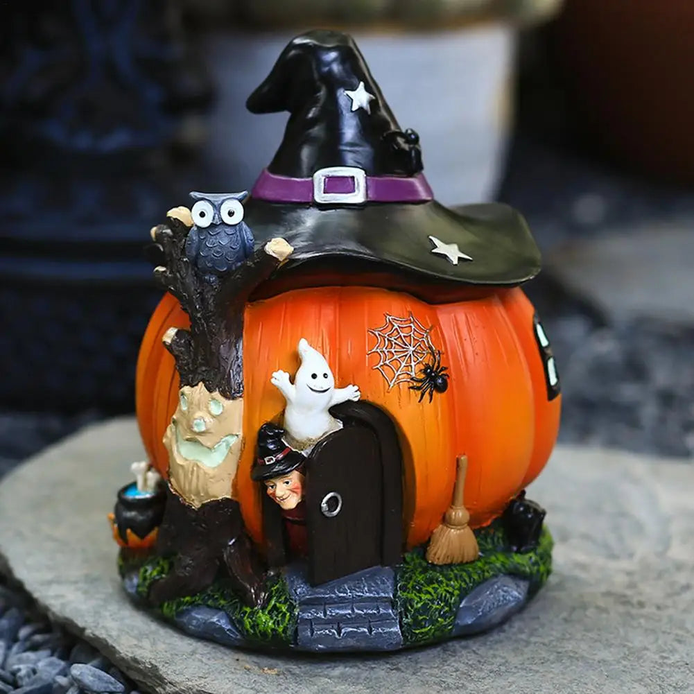 Luminous Pumpkin House Statue – Halloween Witch Pumpkin House Ornament, Glowing Resin Halloween Decor for Home & Crafts