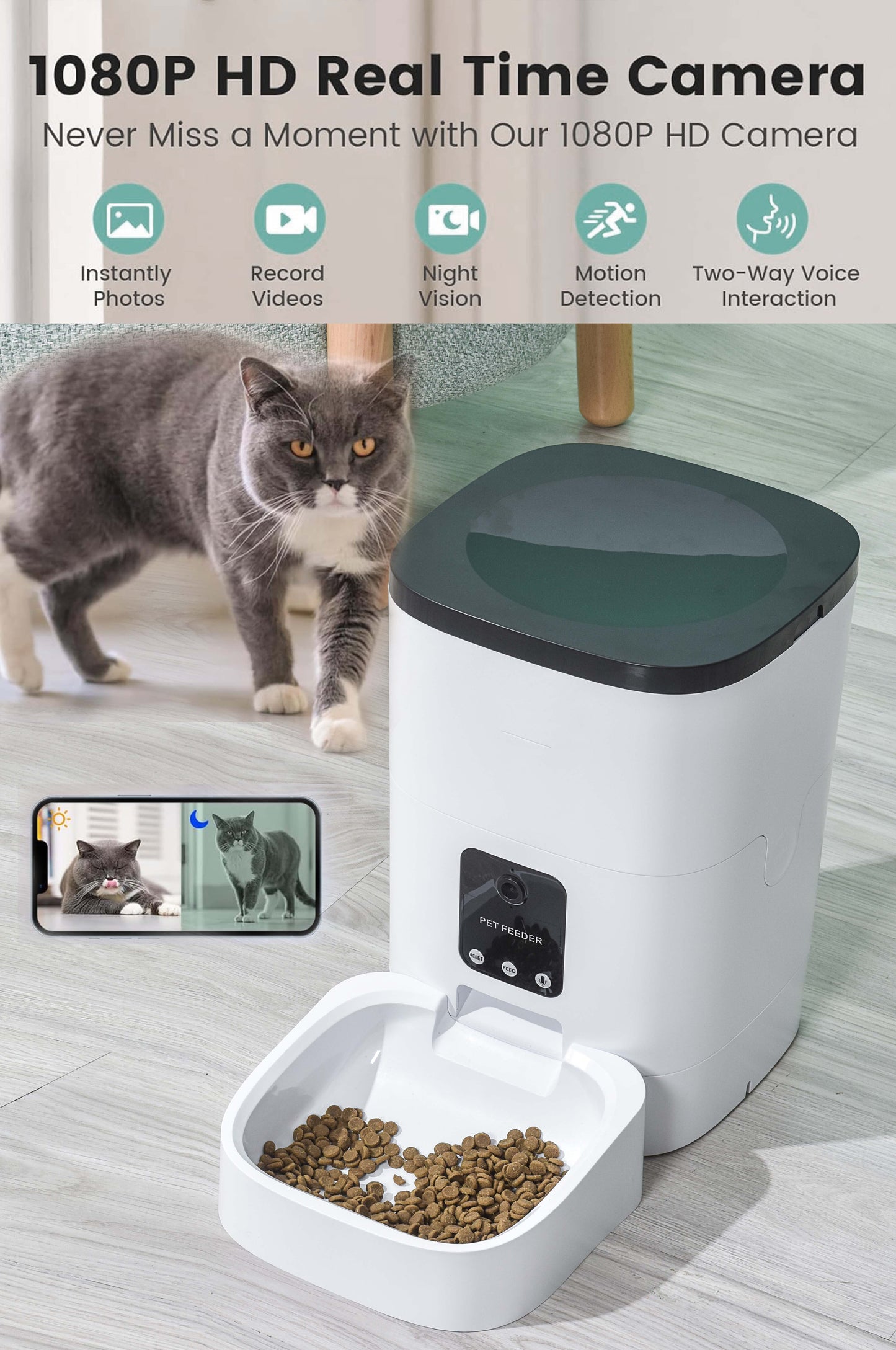 6L Automatic Pet Feeder for Cats & Dogs with 1080P Camera, App Control, Voice Recorder, Timed Feeder, Dual Power Supply, WiFi Food Dispenser