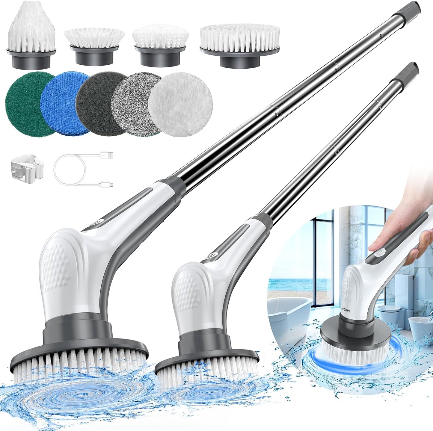 Electric Spin Scrubber, 10 in 1  Cordless Cleaning Brush IPX8 with 9 Replaceable Brush Heads and 4 Tier Removable Handle, Power Shower Scrubber for Bathroom, Tub, Tile, Floor, Kitchen, Window