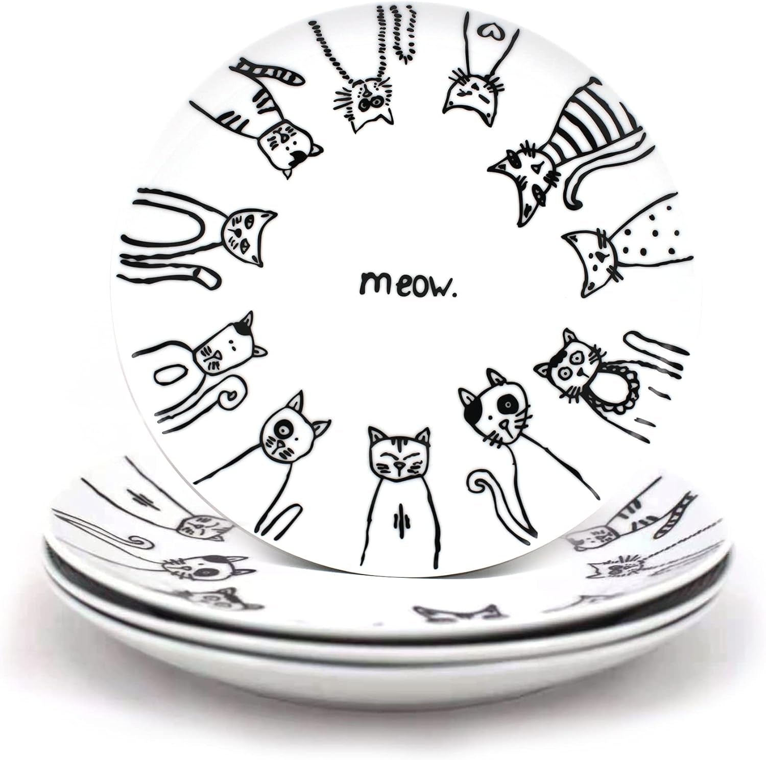 Cartoon Cat Porcelain 8-Inch Salad Plate Set/Dessert Plate Set,Set of 4